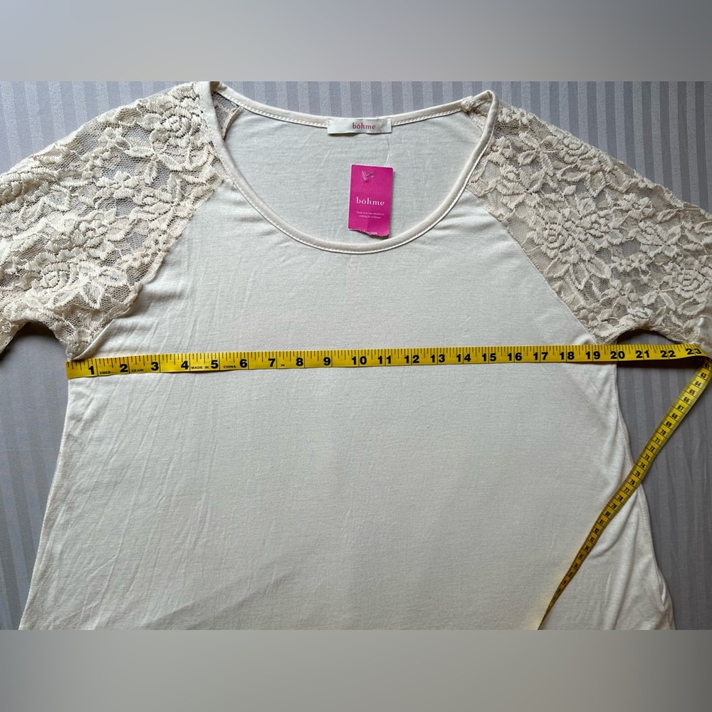 Böhme•lace shoulder crew neck top•size large•3/4 bell sleeve•rayon•ivory/cream - Picture 6 of 13